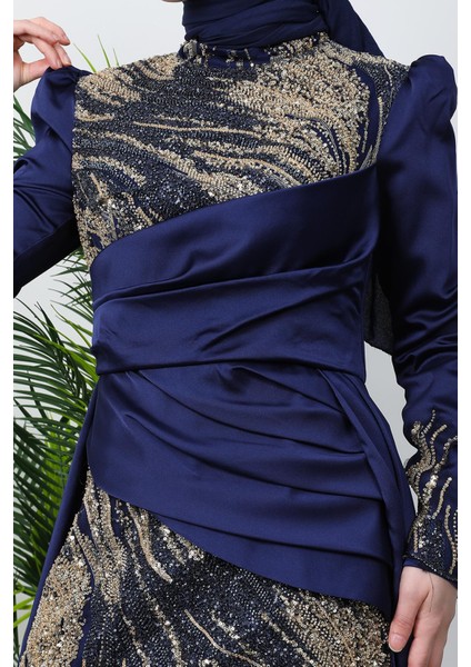 Drapeli Pelerinli Abiye Lacivert modelleri