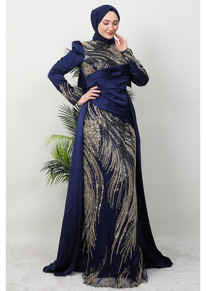 Drapeli Pelerinli Abiye Lacivert fırsatları