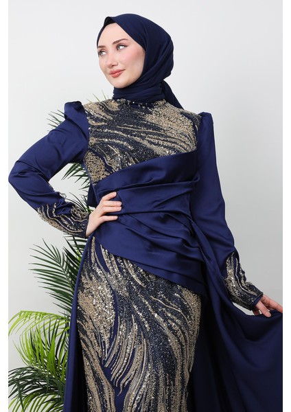 Drapeli Pelerinli Abiye Lacivert indirimleri