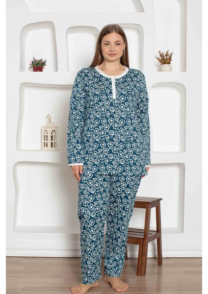 Kadın Çiçek Desen Bisiklet Yaka 3 Düğmeli Pamuk Penye Ince Yazlık Uzun Kol Pijama Takımı