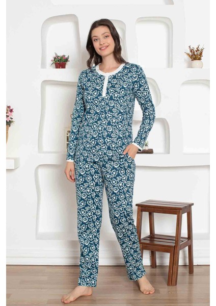 Kadın Çiçek Desen Bisiklet Yaka 3 Düğmeli Pamuk Penye Ince Yazlık Uzun Kol Pijama Takımı