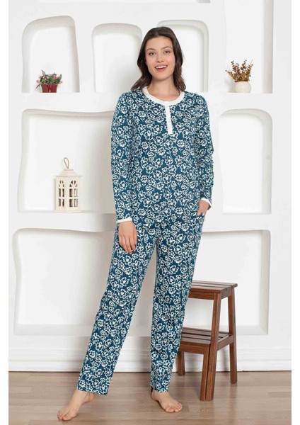 Kadın Çiçek Desen Bisiklet Yaka 3 Düğmeli Pamuk Penye Ince Yazlık Uzun Kol Pijama Takımı fiyatları