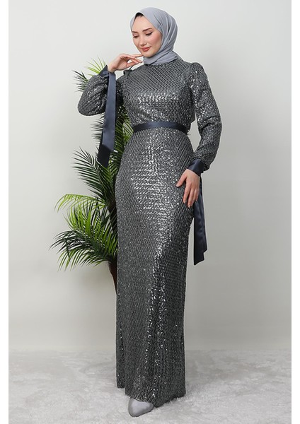 Saten Detay Kalem Elbise Koyu Gri fiyatları