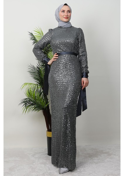 Saten Detay Kalem Elbise Koyu Gri modelleri