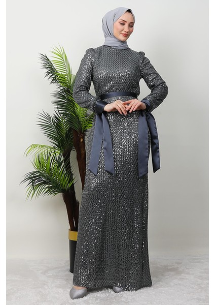 Saten Detay Kalem Elbise Koyu Gri fırsatları
