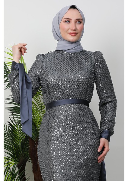 Saten Detay Kalem Elbise Koyu Gri indirimleri