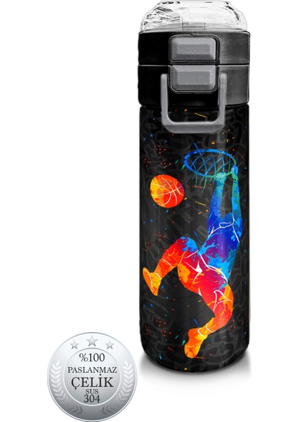 Kids Gri Basketbol Desenli Pipetli ve Direkt Içim Çelik Termos 500 ml 31856
