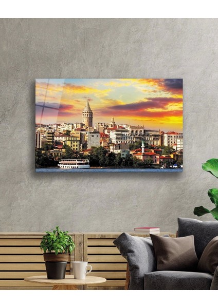- Kızıl Gökyüzü Galata Kulesi Istanbul Manzaralı Cam Tablo