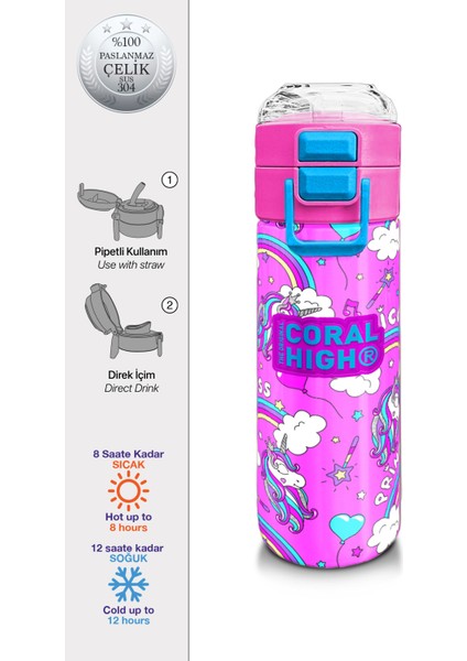 Kids Mor Açık Pembe Unicorn Desenli Pipetli ve Direkt Içim Çelik Termos 500 ml 31978