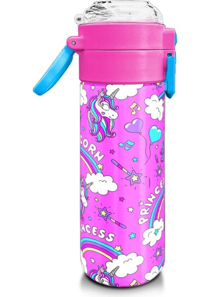 Kids Mor Açık Pembe Unicorn Desenli Pipetli ve Direkt Içim Çelik Termos 500 ml 31978