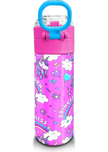 Kids Mor Açık Pembe Unicorn Desenli Pipetli ve Direkt Içim Çelik Termos 500 ml 31978