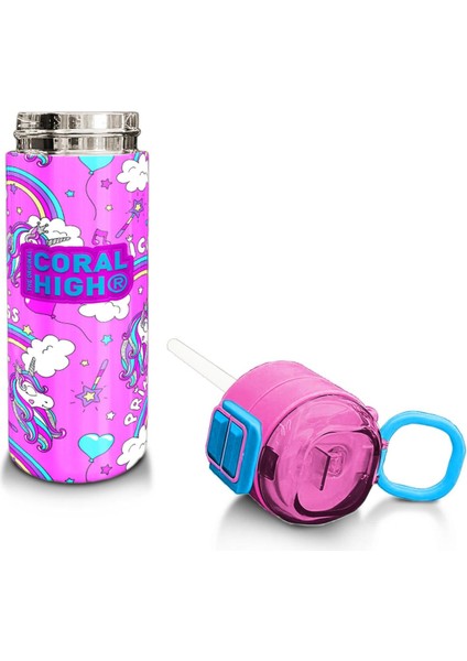 Kids Mor Açık Pembe Unicorn Desenli Pipetli ve Direkt Içim Çelik Termos 500 ml 31978