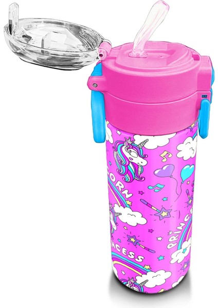 Kids Mor Açık Pembe Unicorn Desenli Pipetli ve Direkt Içim Çelik Termos 500 ml 31978