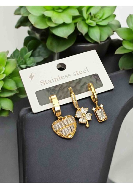 316L Gold Çelik Kararmaz 3'lü Zirkon Taşlı Çoklu Küpe
