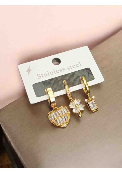 316L Gold Çelik Kararmaz 3'lü Zirkon Taşlı Çoklu Küpe modelleri