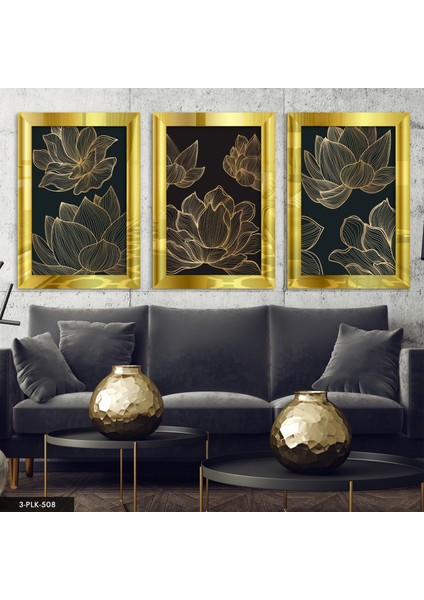 Çiçek 3 Parça Gold Pleksi Aynalı Tablo