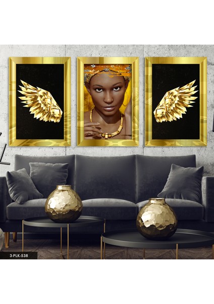 Melek Kanadı Afrikalı Kadın 3 Parça Gold Pleksi Aynalı Tablo