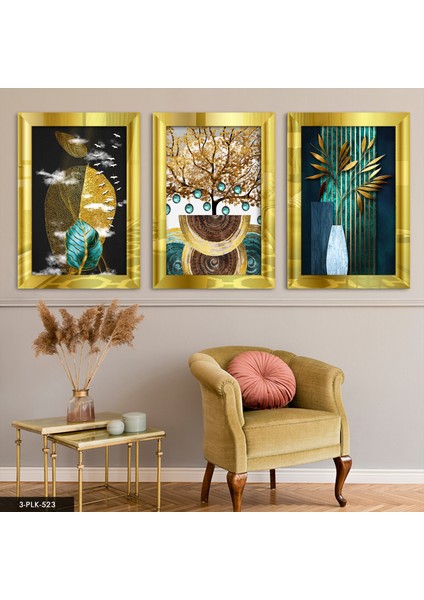 Soyut Doğa 3 Parça Gold Pleksi Aynalı Tablo