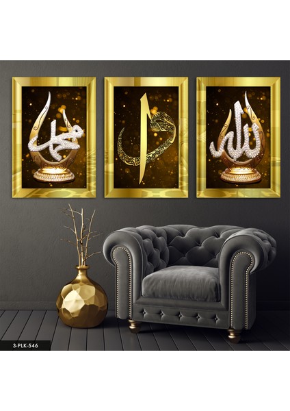 Allah Muhammed Elif Vav 3 Parça Gold Pleksi Aynalı Tablo