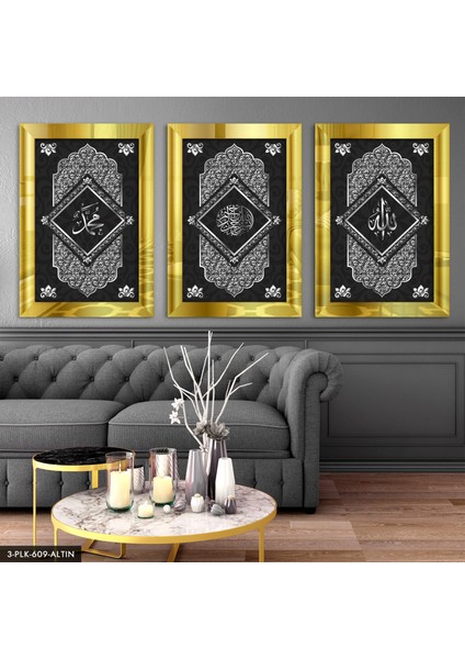 Allah Muhammed Besmele 3 Parça Gold Pleksi Aynalı Tablo