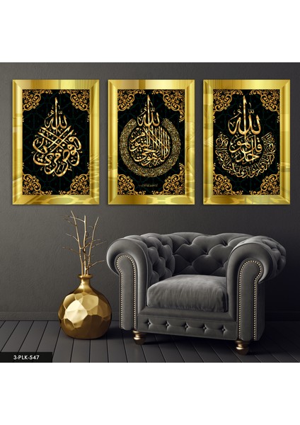 Ayetel Kürsi Kafirun Ihlas Suresi 3 Parça Gold Pleksi Aynalı Tablo