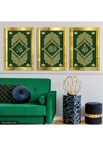 Allah Muhammed Besmele 3 Parça Gold Pleksi Aynalı Tablo