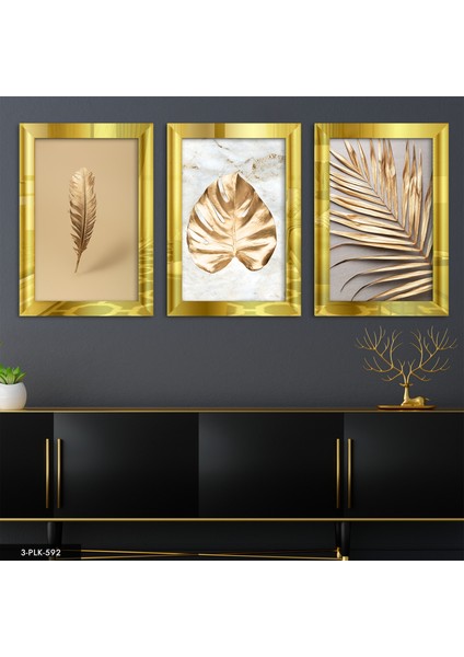 Yapraklar 3 Parça Gold Pleksi Aynalı Tablo
