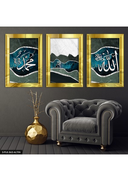Allah Muhammed Lafzı 3 Parça Gold Pleksi Aynalı Tablo