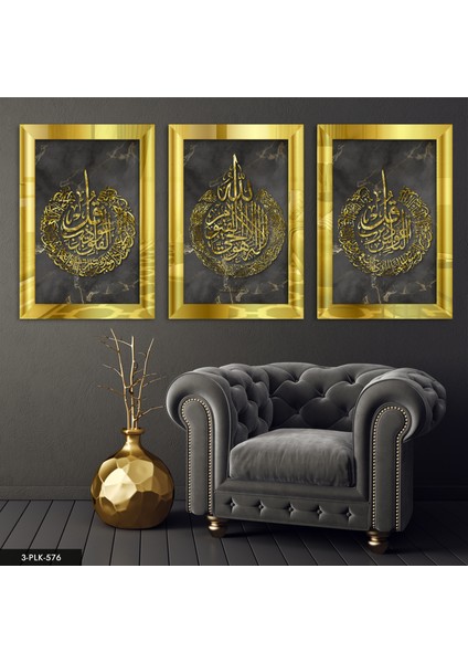 Ayetel Kürsi Felak Nas Suresi 3 Parça Gold Pleksi Aynalı Tablo