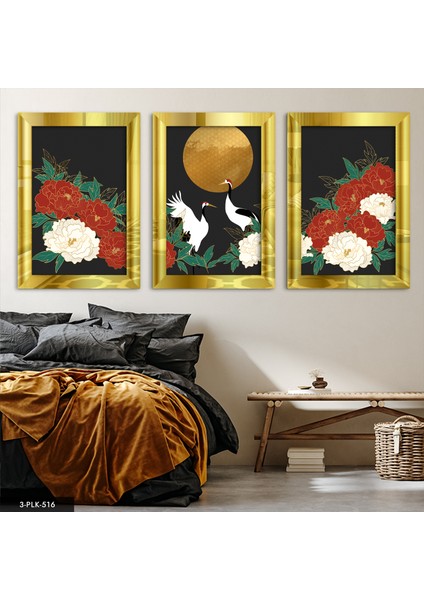 Çiçek 3 Parça Gold Pleksi Aynalı Tablo