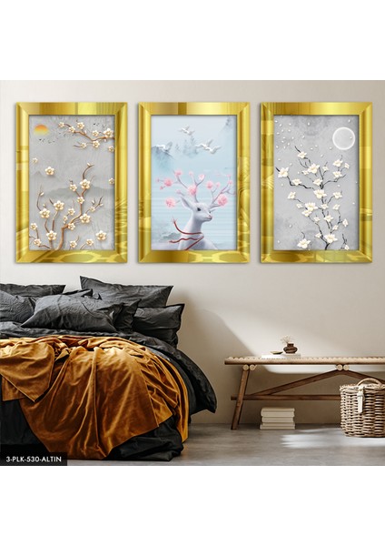 Geyik Çiçek 3 Parça Gold Pleksi Aynalı Tablo