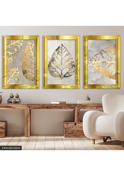 Gold Yaprak 3 Parça Gold Pleksi Aynalı Tablo