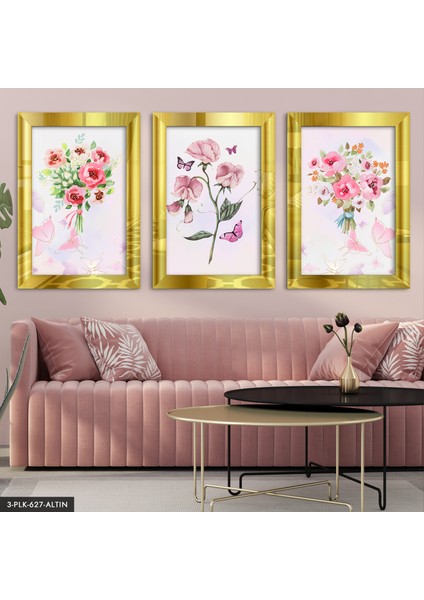 Pembe Çiçekler 3 Parça Gold Pleksi Aynalı Tablo