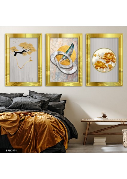 Soyut 3 Parça Gold Pleksi Aynalı Tablo