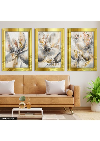 Çiçekler 3 Parça Gold Pleksi Aynalı Tablo