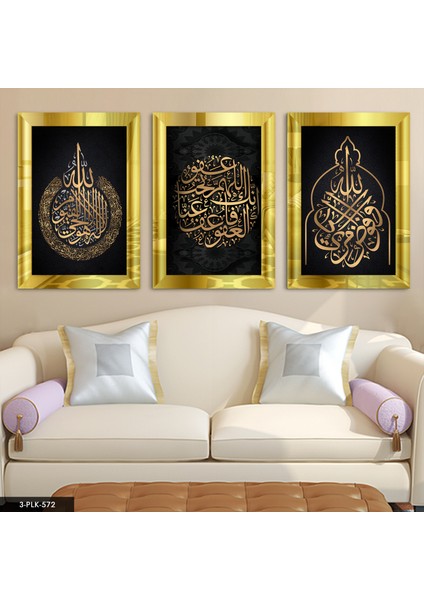 Ayetel Kürsi ve Hadis 3 Parça Gold Pleksi Aynalı Tablo