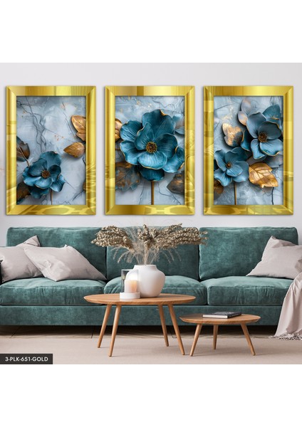 Turkuaz Çiçekler 3 Parça Gold Pleksi Aynalı Tablo