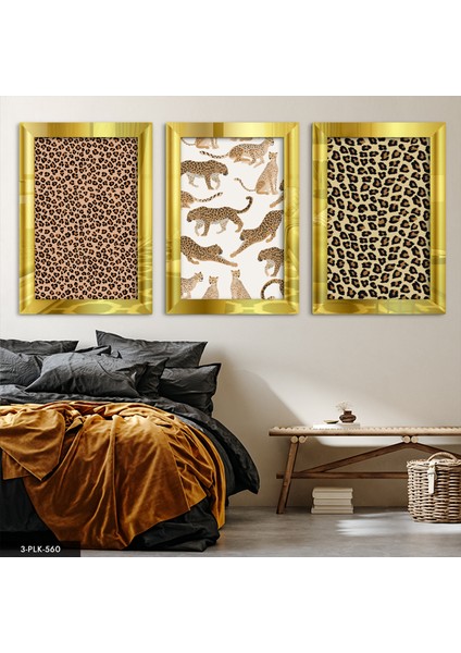 Leopar 3 Parça Gold Pleksi Aynalı Tablo