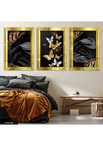 Çiçek ve Kelebek 3 Parça Gold Pleksi Aynalı Tablo