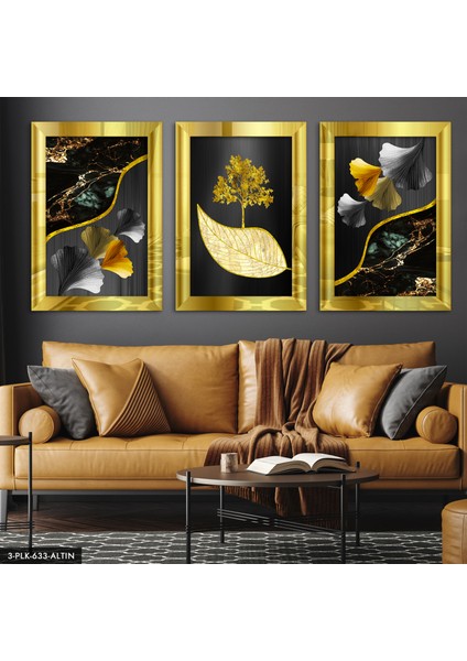 Gold Ağaç ve Yaprak 3 Parça Gold Pleksi Aynalı Tablo