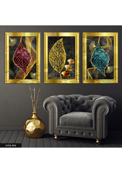 Soyut 3 Parça Gold Pleksi Aynalı Tablo