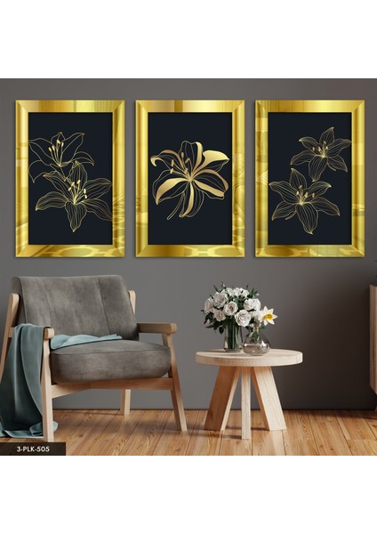 Çizim Çiçek 3 Parça Gold Pleksi Aynalı Tablo