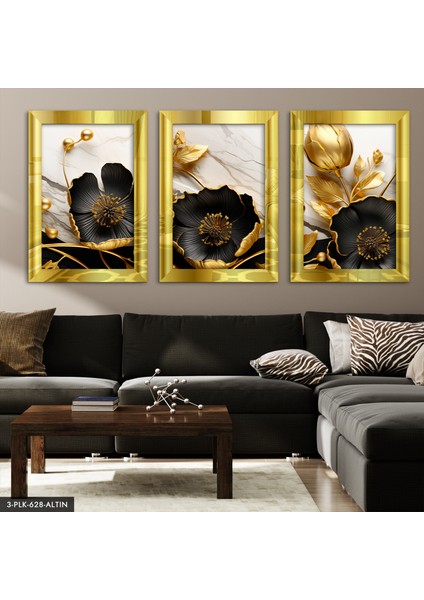 Gold Yapraklı Siyah Çiçek 3 Parça Gold Pleksi Aynalı Tablo