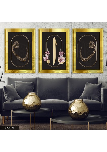 Elif Vav 3 Parça Gold Pleksi Aynalı Tablo
