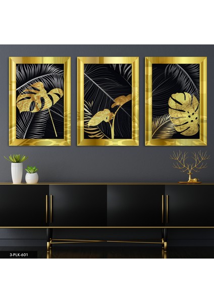 Yaprak Çiçek 3 Parça Gold Pleksi Aynalı Tablo
