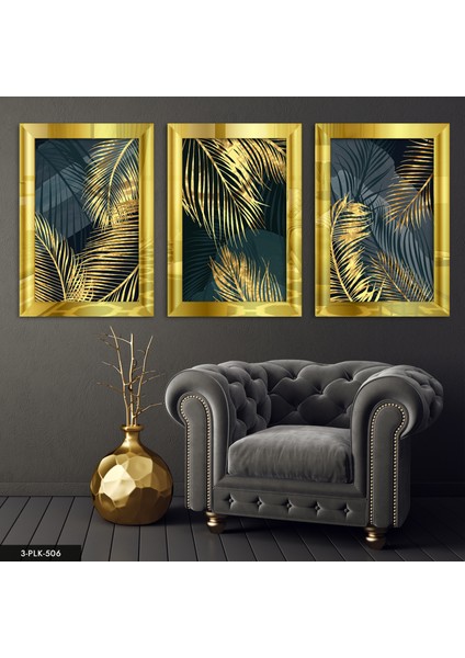 Yaprak 3 Parça Gold Pleksi Aynalı Tablo