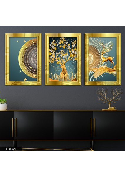 Soyut Geyik 3 Parça Gold Pleksi Aynalı Tablo