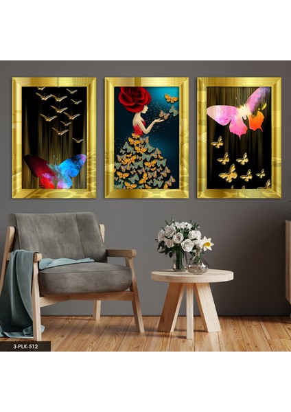 Kelebek Kadın 3 Parça Gold Pleksi Aynalı Tablo