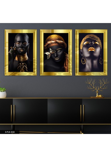 Afrikalı Kadınlar 3 Parça Gold Pleksi Aynalı Tablo
