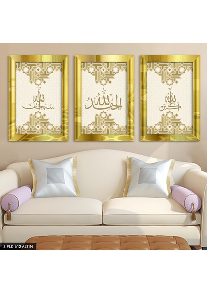 Subhanallah Elhamdülillah Allahu Ekber 3 Parça Gold Pleksi Aynalı Tablo